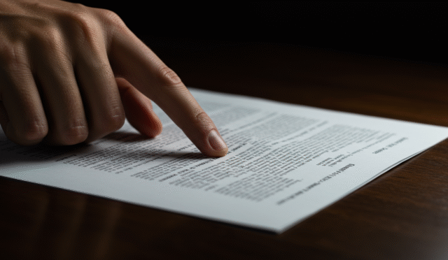 A person's hand pointing to a section on a legal document
