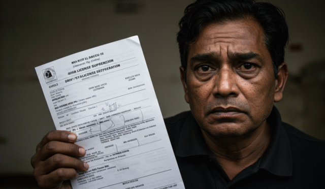 a person looking distressed while holding a notice about driver's license suspension create in horizontal format do not write text on image