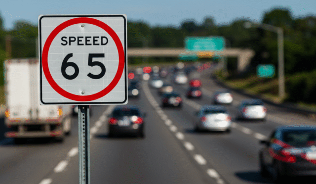 highway speed limit sign with blurred traffic