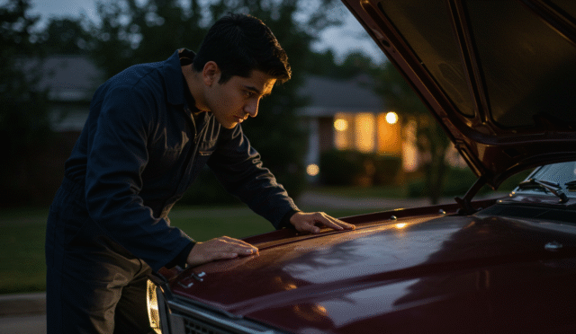 A driver checking the front and rear lights of their car before driving