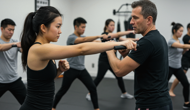 person learning self defense with kubotan in a class setting