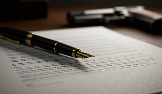 legal document with a pen on top and a blurred image of a weapon in the background