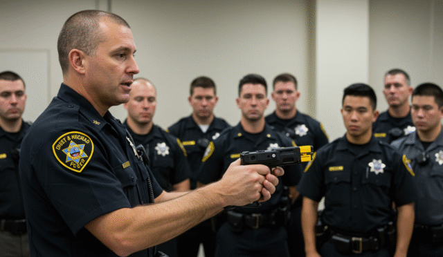 a police officer demonstrating the safe use of a legal taser in a training environment