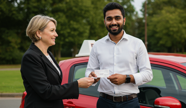 confident driver successfully passing practical driving test and receiving license