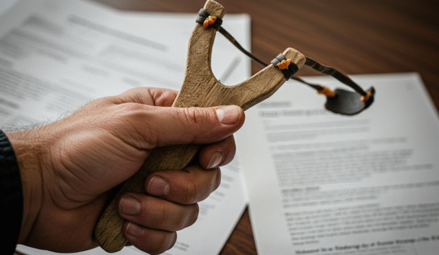 a hand holding a slingshot with blurred legal documents in the background