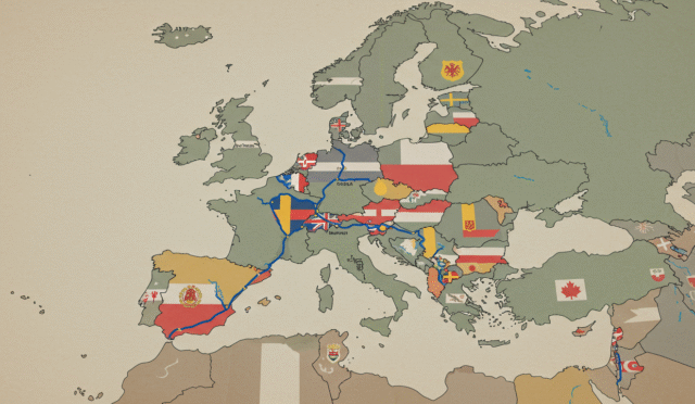 a European Union map with flags showing member states and driving routes