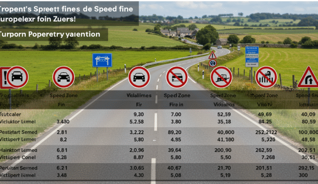 a table showing various fines for traffic violations in different speed zones with a blurred background of European roads