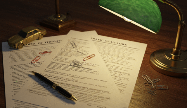 legal documents related to traffic laws and penalties on a desk