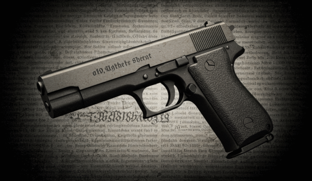 abstract image of German legal text with gun