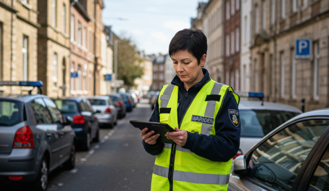 traffic warden checking parking permits with a tablet