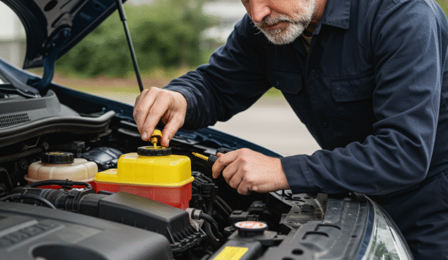 driver checking coolant fluid level in vehicle