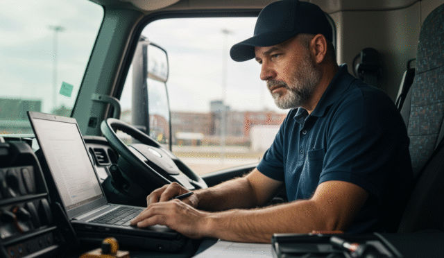 truck driver checking regulations on laptop