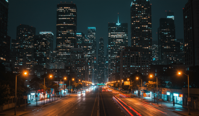 city at night with faint truck lights