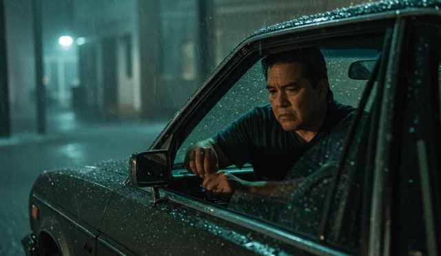 driver adjusting vehicle lights in bad weather