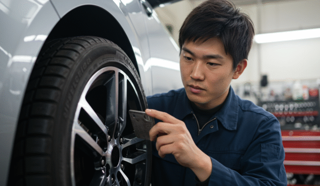driver checking tire size information on a tire sidewall for buying new hubcaps