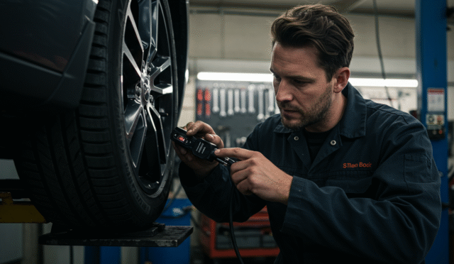 mechanic inspecting tire pressure sensor in a workshop setting