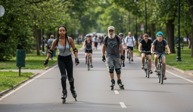 A group of inline skaters respectfully sharing a marked path with pedestrians and cyclists in an urban setting