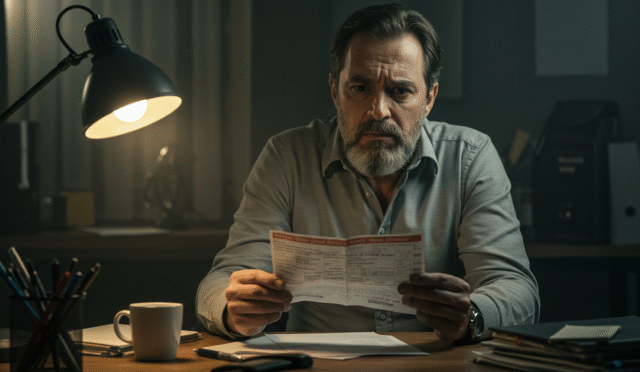 a person reviewing a German traffic ticket with a bewildered expression at a desk